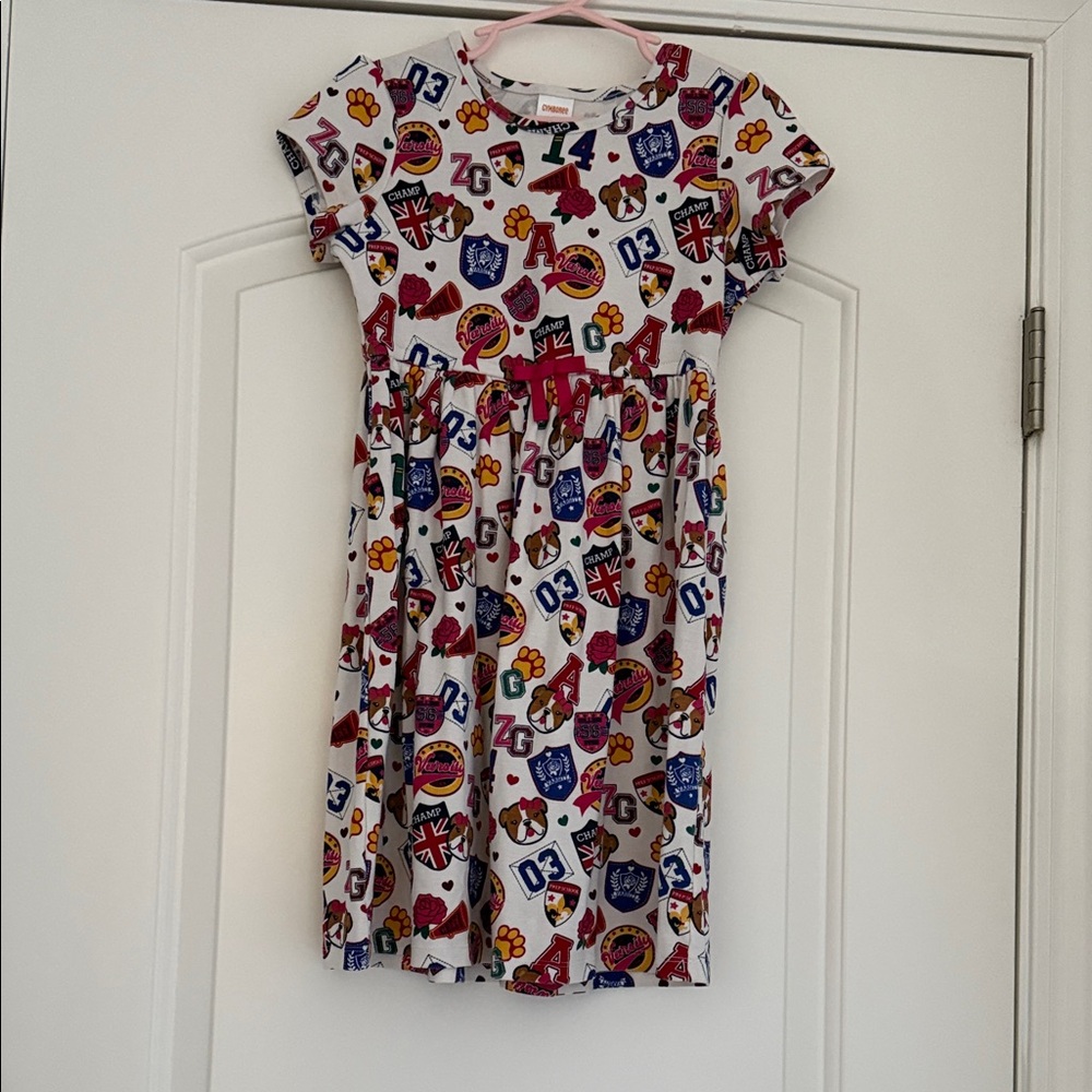 Girls' Multi-Print Varsity Short Sleeve Cotton Dress Size 8
